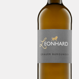 Eine Nahaufnahme einer Flasche Grauburgunder vom Weingut Leonhard aus Pleitersheim.